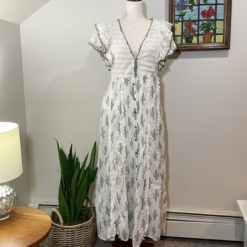 Boho Gipsy Queen Full Length Dress Kimono Cactus White Green Size Medium